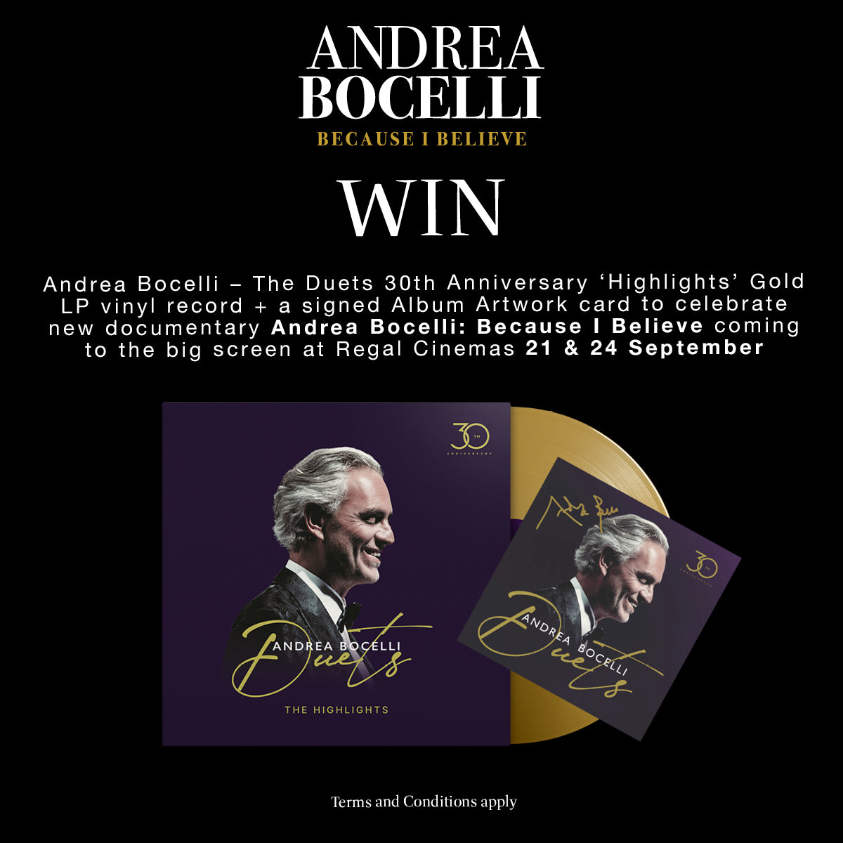 Sweepstakes - Regal Crown Club® Andrea Bocelli Vinyl Sweepstakes